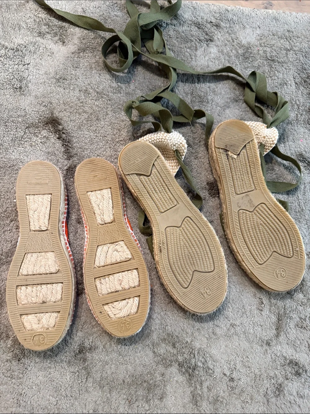 2 pair Espadrilles lace-Up Sandals in Olive Green and orange